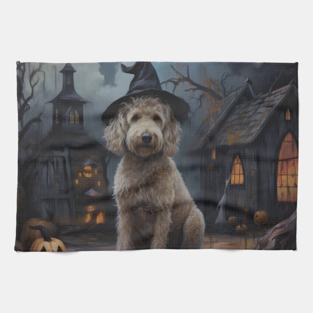 Goldendoodle Pumpkins Halloween Scary Tea Towel (Horizontal)