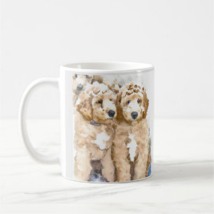 Goldendoodle puppies playing cute coffee mug