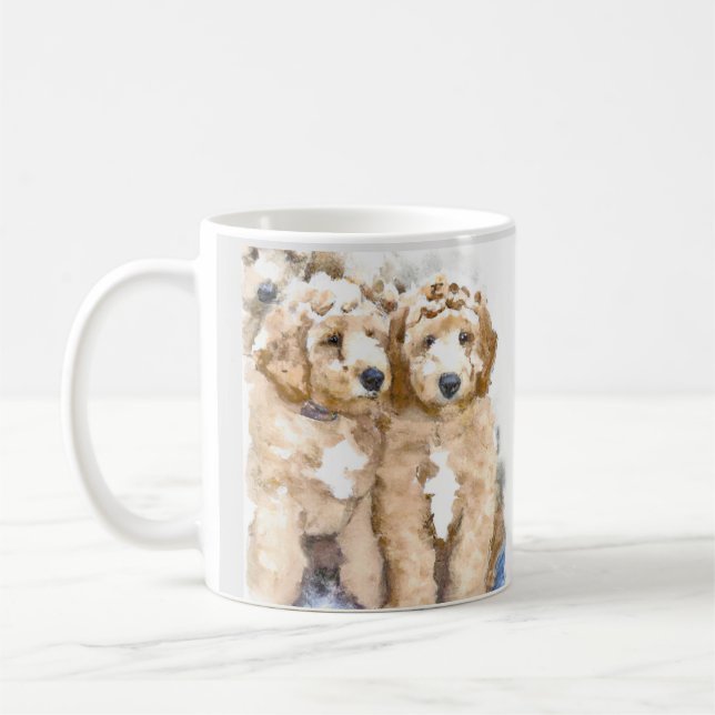 Goldendoodle puppies playing cute coffee mug (Left)