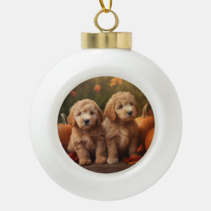 Goldendoodle Puppy Autumn Delight Pumpkin  Ceramic Ball Christmas Ornament