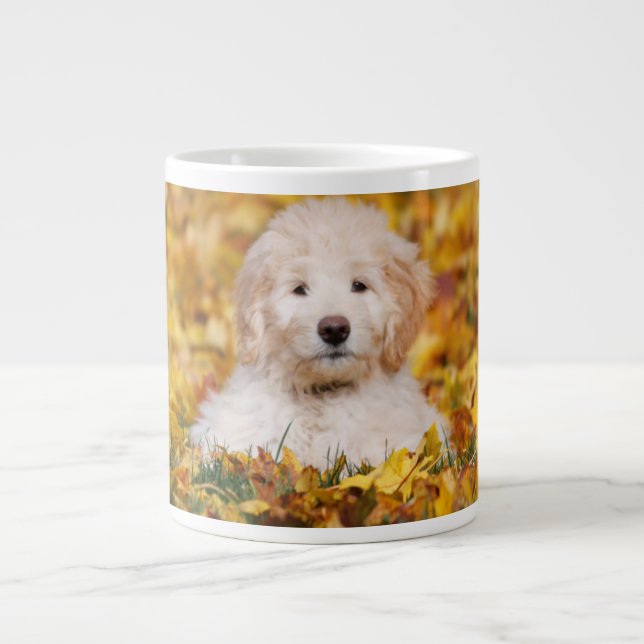 Goldendoodle Puppy In Fall Leaves Large Coffee Mug (Front)