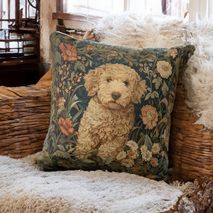Goldendoodle Puppy in William Morris Style Garden Cushion