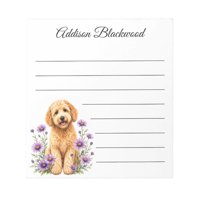 Goldendoodle Purple Daisies Lined Personalised Notepad (Front)
