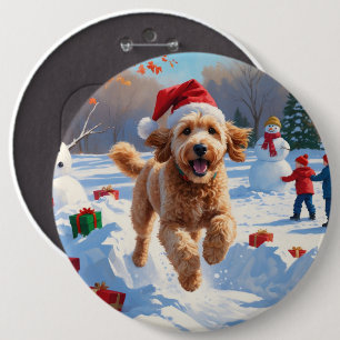 Goldendoodle Running in Snow with Christmas Hat 6 Cm Round Badge