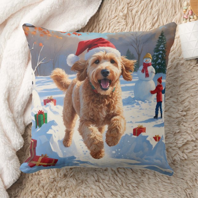 Goldendoodle Running in Snow with Christmas Hat Cushion (Blanket)