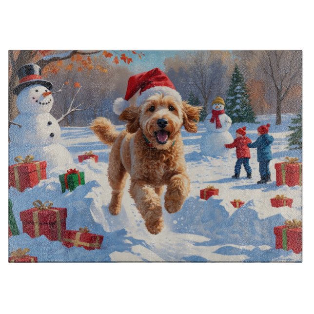 Goldendoodle Running in Snow with Christmas Hat Cutting Board (Front)