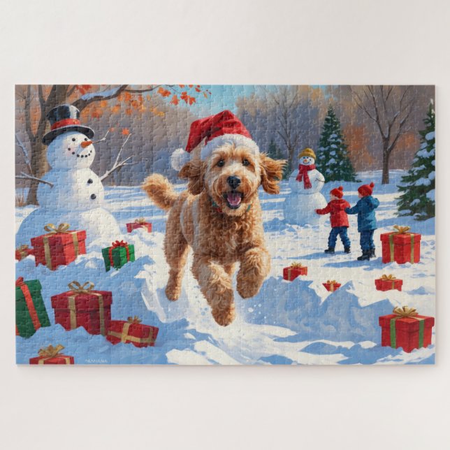 Goldendoodle Running in Snow with Christmas Hat Jigsaw Puzzle (Horizontal)