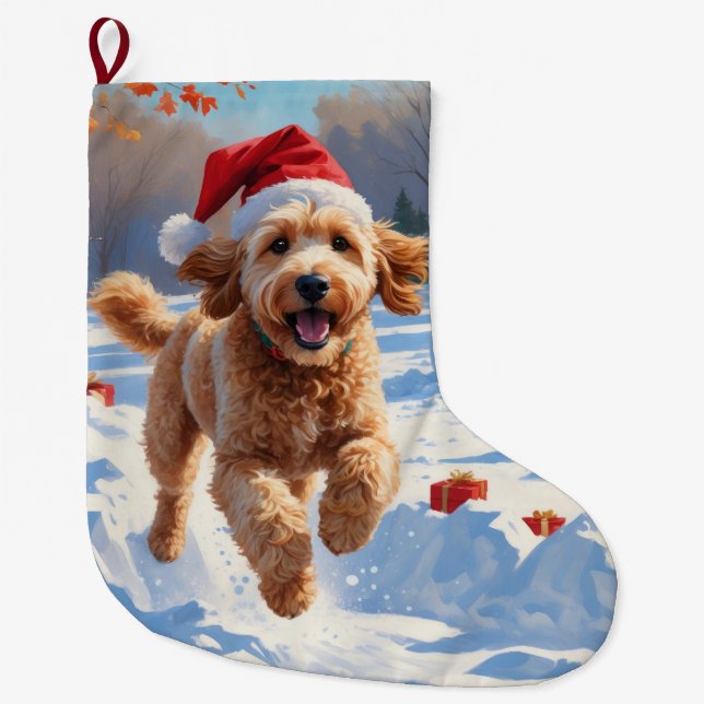 Goldendoodle Running in Snow with Christmas Hat Large Christmas Stocking (Front)