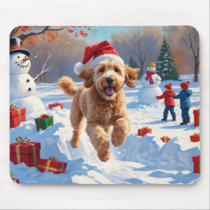 Goldendoodle Running in Snow with Christmas Hat Mouse Pad