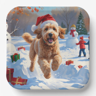 Goldendoodle Running in Snow with Christmas Hat Paper Plate