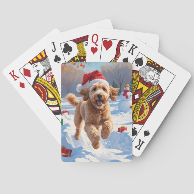 Goldendoodle Running in Snow with Christmas Hat Playing Cards (Back)