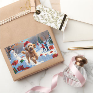 Goldendoodle Running in Snow with Christmas Hat Rectangular Sticker