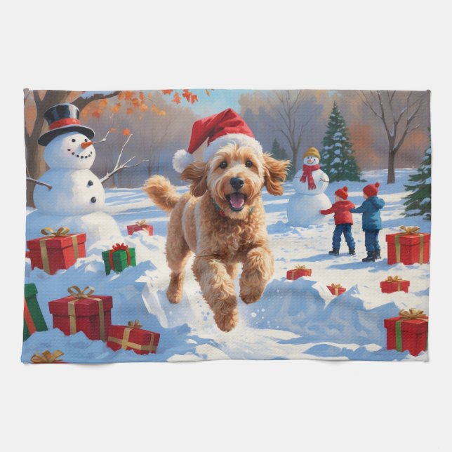 Goldendoodle Running in Snow with Christmas Hat Tea Towel (Horizontal)