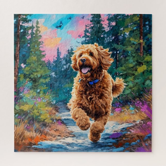 Goldendoodle Runs In the Forest Jigsaw Puzzle (Vertical)