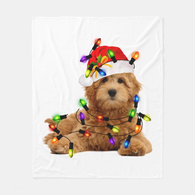 Goldendoodle Santa Dog Fleece Blanket (Front)