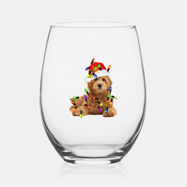 Goldendoodle Santa Dog Stemless Wine Glass (Front)