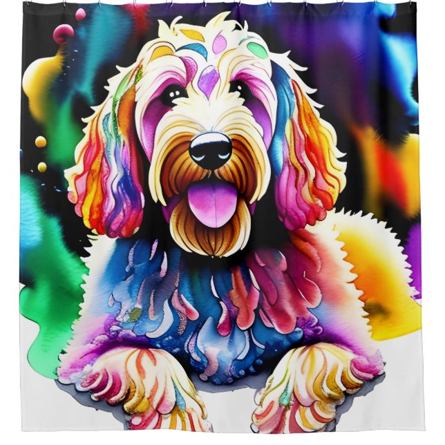 Goldendoodle Shower Curtain "Happy Dog" (Front)