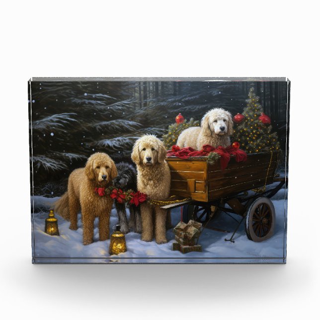 Goldendoodle Snowy Sleigh Christmas Decor   Photo Block (Front)