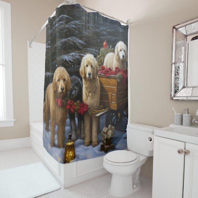 Goldendoodle Snowy Sleigh Christmas Decor   Shower Curtain (In Situ)
