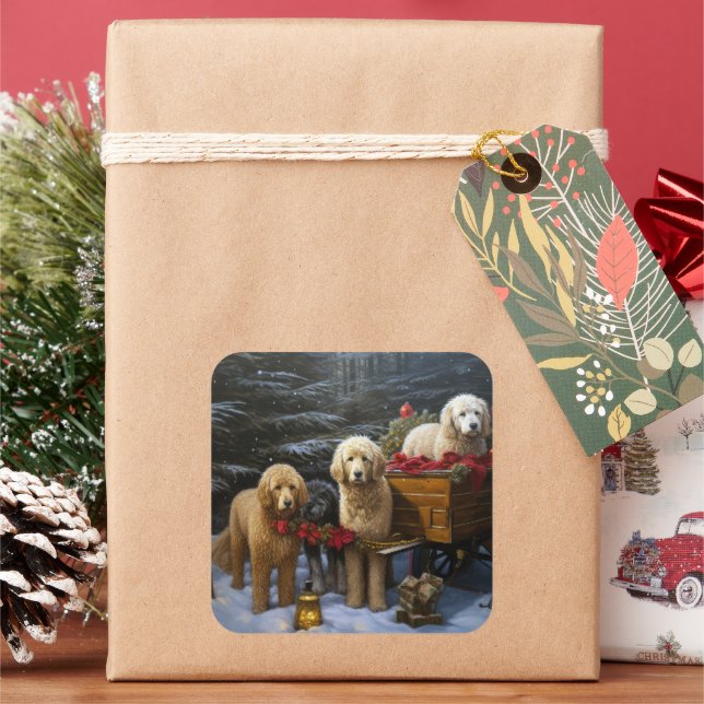 Goldendoodle Snowy Sleigh Christmas Decor   Square Sticker (Holiday)
