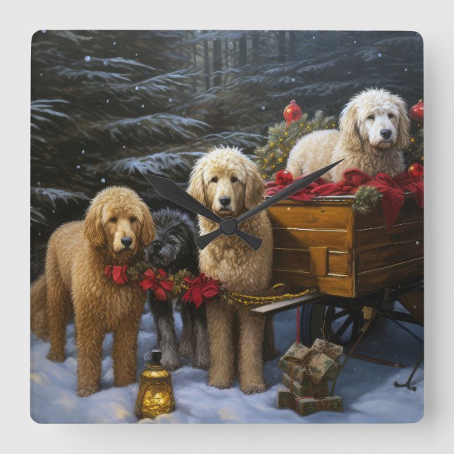 Goldendoodle Snowy Sleigh Christmas Decor Square Wall Clock (Front)