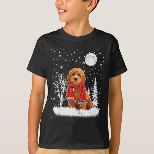 Goldendoodle Under Moonlight Snow Christmas Pajama T-Shirt (Front)