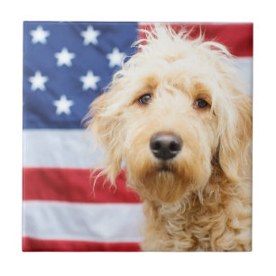 Goldendoodle With American Flag Ceramic Tile