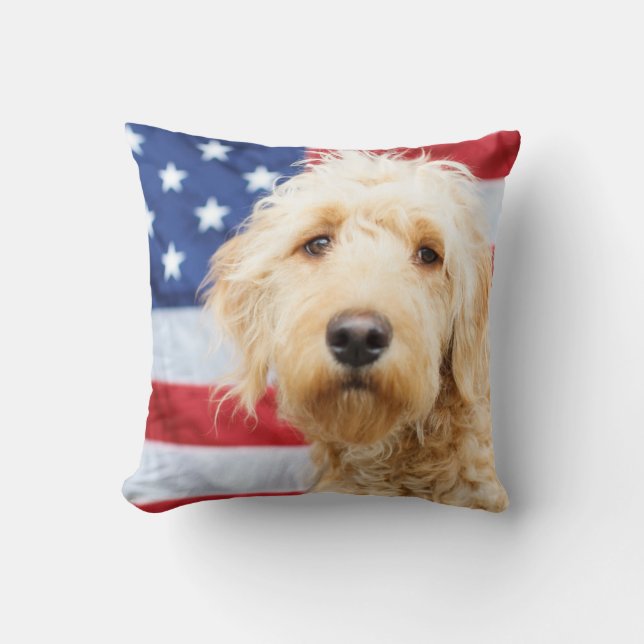 Goldendoodle With American Flag Cushion (Front)
