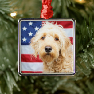 Goldendoodle With American Flag Metal Ornament