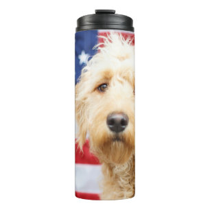 Goldendoodle With American Flag Thermal Tumbler