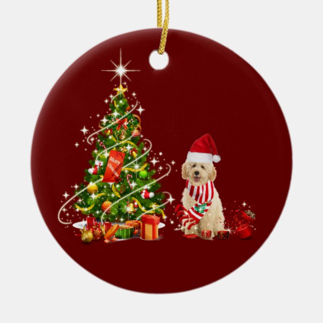 goldendoodle With Hat Scaft Christmas Ceramic Ornament (Front)