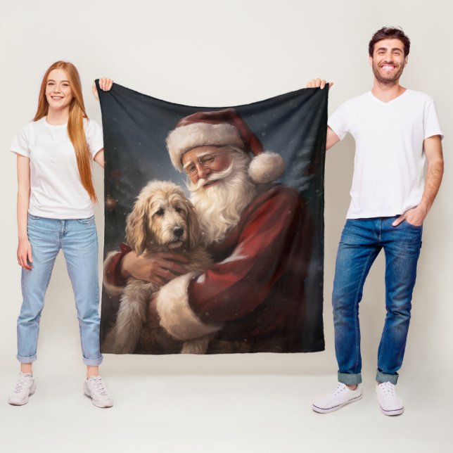 Goldendoodle With Santa Claus Festive Christmas Fleece Blanket (In Situ)