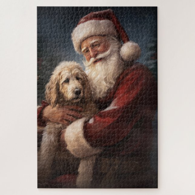 Goldendoodle With Santa Claus Festive Christmas Jigsaw Puzzle (Vertical)