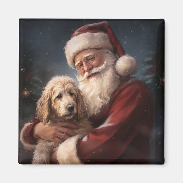 Goldendoodle With Santa Claus Festive Christmas Magnet (Front)