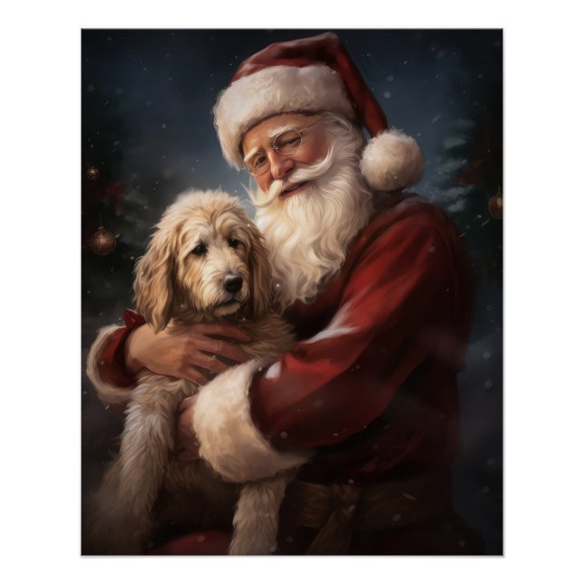 Goldendoodle With Santa Claus Festive Christmas Poster (Front)