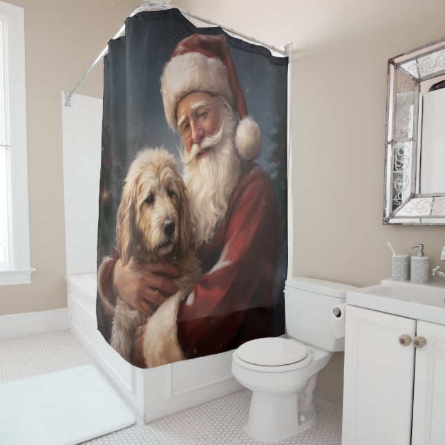 Goldendoodle With Santa Claus Festive Christmas Shower Curtain (In Situ)