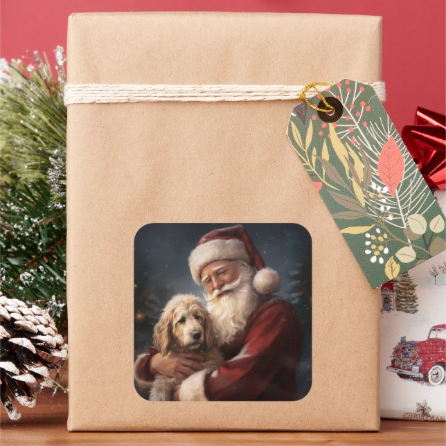 Goldendoodle With Santa Claus Festive Christmas Square Sticker (Holiday)