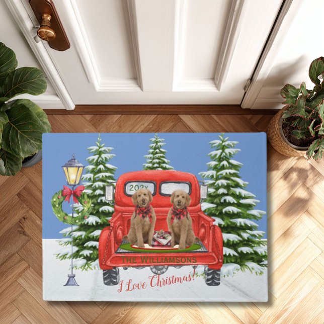 Goldendoodles Red Vintage Truck Family Name Doormat (Creator Uploaded)
