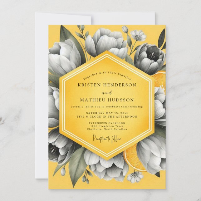 Goldenrod Monochrome Flora Wedding Invitation (Front)