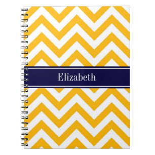 Goldenrod White LG Chevron Navy Blue Name Monogram Notebook