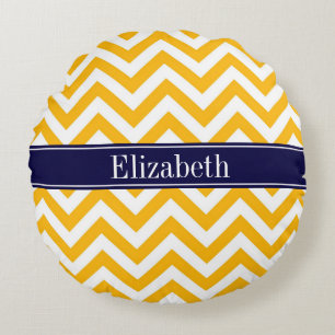 Goldenrod White LG Chevron Navy Blue Name Monogram Round Cushion