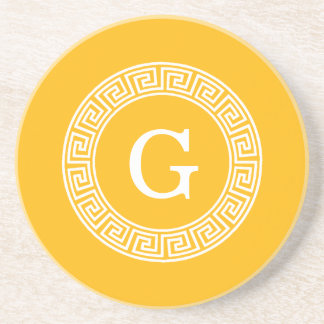 Goldenrod Wht Greek Key Rnd Frame Initial Monogram Coaster