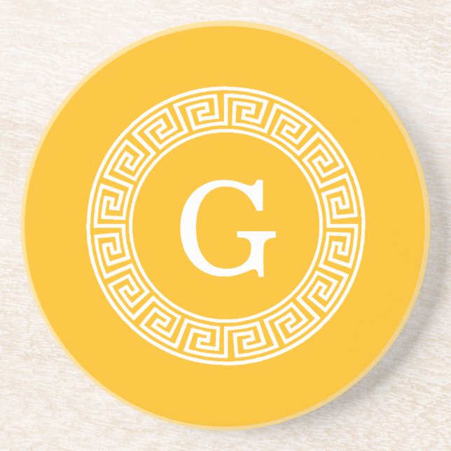 Goldenrod Wht Greek Key Rnd Frame Initial Monogram Coaster (Front)
