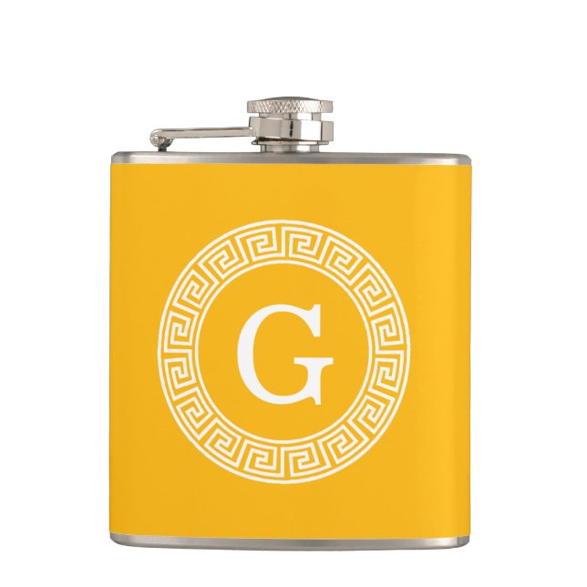 Goldenrod Wht Greek Key Rnd Frame Initial Monogram Hip Flask (Front)
