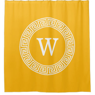 Goldenrod Wht Greek Key Rnd Frame Initial Monogram Shower Curtain