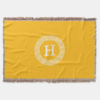 Goldenrod Wht Greek Key Rnd Frame Initial Monogram Throw Blanket