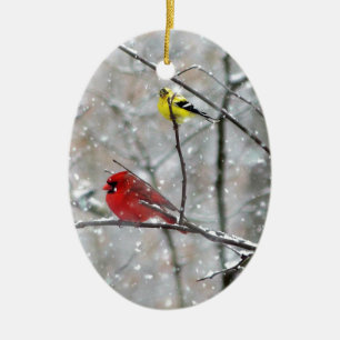 Goldfinch And Cardinal Ceramic Ornament