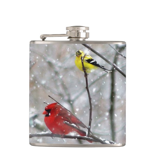 Goldfinch And Cardinal Hip Flask (Front)