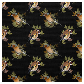 Goldfinch and Chaffinch on leaf. Fabric