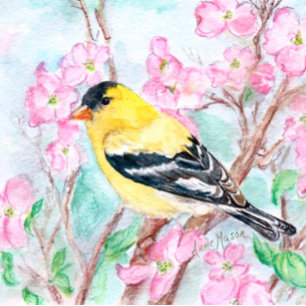 Goldfinch and Dogwood Flowers Cushion